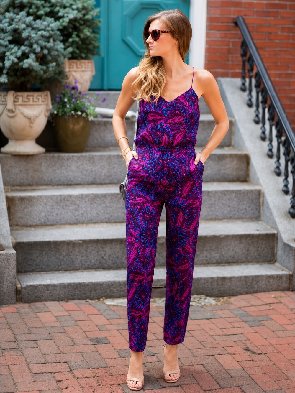 J. Crew | Silk Midnight Floral Magenta Blue Thin Strap Jumpsuit